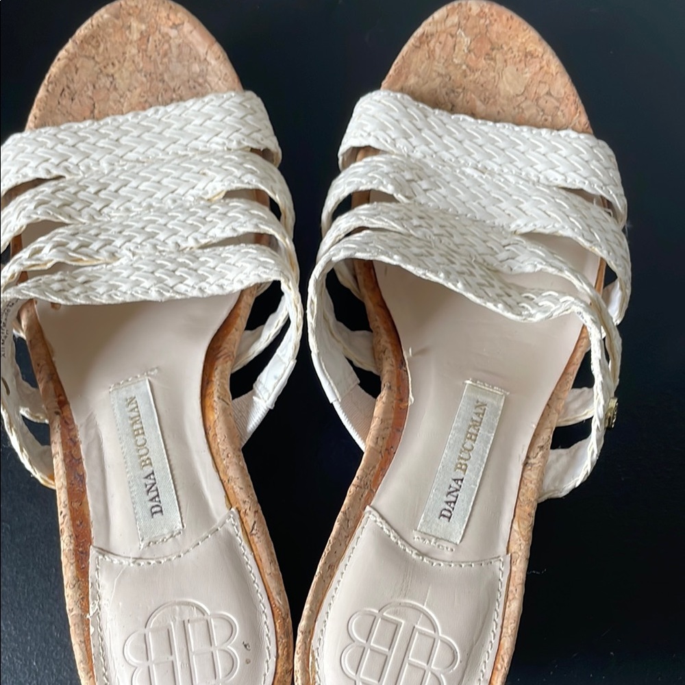 Diana Broussard Tan White Sandals with Braided Design